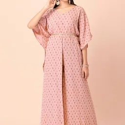 INDYA V-Neck Floral Printed Kaftan Georgette Kurta-image-2