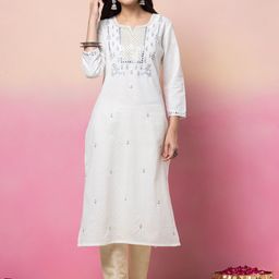 INDYA Notched Neck Mirror & Thread Embroidered Pure Cotton Straight Kurta-picture-14