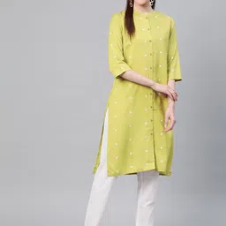 W Women Lime Green & Off-White Printed Straight Kurta-21