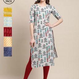 1 Stop Fashion Women Grey & Yellow Pack Of 6 Floral Printed Crepe Kurtas-picture-49
