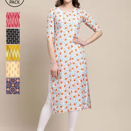 7Threads Pack of 6 Women Beige & Yellow Floral Printed Floral Crepe Kurta-image-87