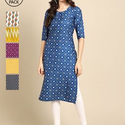 1 Stop Fashion Women Pack Of 6 Coloured Geometric Printed Block Print Crepe Kurta-image-68