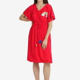 Beau Design Embroidered V-Neck Short Sleeves Knee Length Pure Cotton Kaftan Nightdress-image-95