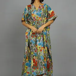 HANDICRAFT PALACE Tropical Printed Pure Cotton Maxi Kaftan Nightdress-image-90