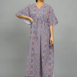 HANDICRAFT PALACE Ethnic Motifs Printed Pure Cotton Maxi Kaftan Nightdress-image-8