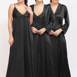 NIGHT KEYS Lace Inserted Maxi Satin Nightdress With Robe-image-15