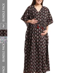 Secret Wish Pack Of 2 Printed Pure Cotton Maternity Kaftan Nightdress-picture-32