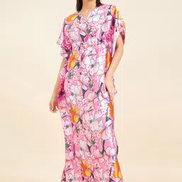 Sweet Dreams White Floral Printed Satin Kaftan Nightdress-picture-58