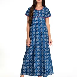 evolove Women Navy Blue Printed Maxi Nightdress-image-85