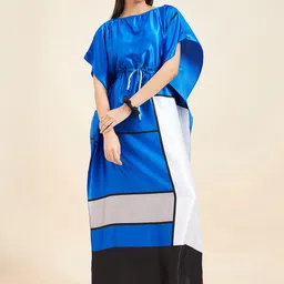 Sweet Dreams Blue Colourblocked Satin Maxi Kaftan Nightdress-image-17
