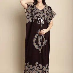 Secret Wish Maternity Ethnic Motifs Printed Pure Cotton Maxi Kaftan Nightdress-image-125