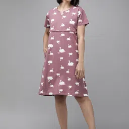 Zeyo Mauve & White Printed Cotton Maternity & Feeding Nightdress-25