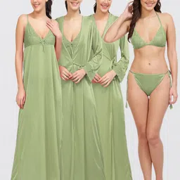 NIGHT KEYS Pack Of 4 Lace Inserted Maxi Satin Nightdress With Robe & Lingerie Set-image-30