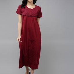 Kryptic Printed Yoke Pure Cotton Relaxed Fit Midi Nightdress-image-85