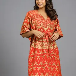 HANDICRAFT PALACE V-Neck Ethnic Motifs Printed Pure Cotton Kaftan Nightdress-image-55