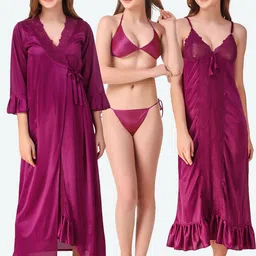 Romaisa Magenta Satin Solid Nightwear Set-picture-3