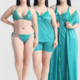 NIGHT KEYS Pack Of 6 Satin Nightdress Set-image-88