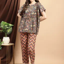 Claura Grey & Orange Floral Printed Pure Cotton Night Suit-image-71