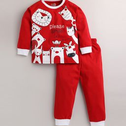 Eieio Kids Red Printed Pure Cotton Night Suit-40