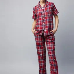 StyleStone Women Red & Blue Checked Cotton Night suit-image-33