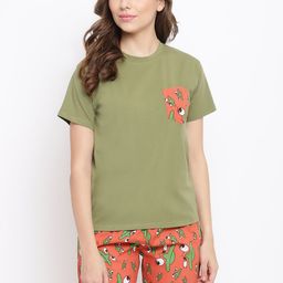 La Intimo Women Olive Green & Rust Pure Cotton Night suit-6