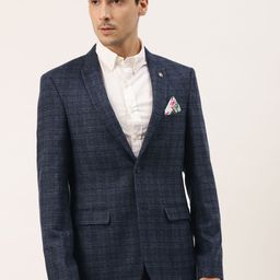Manyavar Men Navy Blue Regular Checked Single-Breasted Casual Blazer-image-89