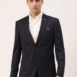 Manyavar Men Navy Blue Regular Checked Single-Breasted Casual Blazer-image-5