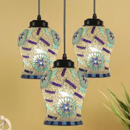 Devansh White & Blue Mosaic Glass Hanging Lamp-40