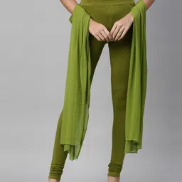 TWIN BIRDS Women Olive-Green Solid Churidar-Length Leggings With Shawl-54