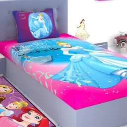 Disney Pink & Blue Cinderella Printed 180 TC Bedsheet with 1 Pillow Covers-picture-18