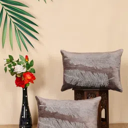 SHADES of LIFE 2 Pieces Brown & White Embroidered Cotton Rectangle Cushion Covers-19
