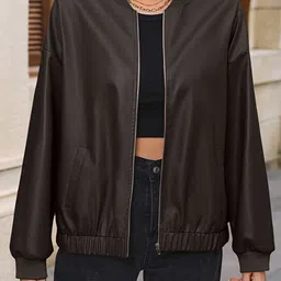 StyleCast Coffee Brown Windcheater Stand Collar Bomber Jacket-image-21