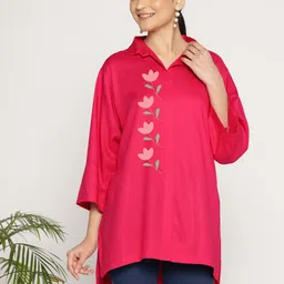 LetsDressUp Floral Printed Shirt Collar High-Low Hem Tunic-36