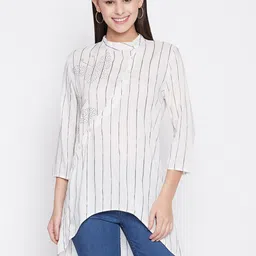 BAESD Vertical Stripes Mandarin Collar Shirt Style Longline Top-56