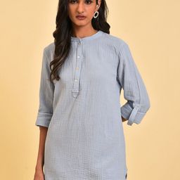 W Blue Self Designed Mandarin Collar Pure Cotton Longline Top-picture-20