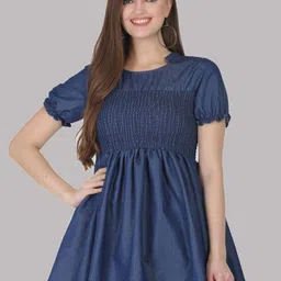 SAAKAA Cotton Round Neck Puff Sleeve Empire Longline Casual Top-picture-12