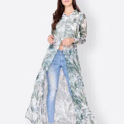 BAESD Tropical Printed Mandarin Collar Tropical Chiffon Maxi Longline Top-image-5