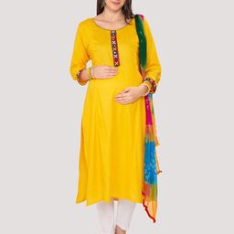 Mom For Sure by Ketki Dalal Embroidered Round Neck Straight Maternity Kurtas With Dupatta-image-81