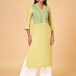 RANGMANCH BY PANTALOONS Women Lime Green Geometric Yoke Design Flared Sleeves Gotta Patti Kurta-5