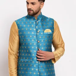 Badoliya & Sons Men Blue & Gold-Coloured Woven Design Woven Nehru Jackets-picture-45