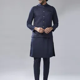 KISAH Mandarin Collar Regular Kurta with Trousers & Woven Design Nehru Jacket-20