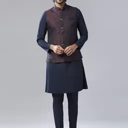 KISAH Men Textured Regular Fit Geometric Pattern Kurta Jacket Trouser Set-10