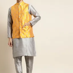 SOJANYA Men Grey & Mustard Yellow Kurta with Pyjamas & Woven Design Nehru Jacket-13