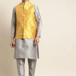SOJANYA Men Grey & Mustard Yellow Kurta with Pyjamas & Woven Design Nehru Jacket-11