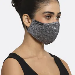Anekaant Women Black & Silver Sequinned 3-Ply Polycotton Designer Mask-image-39