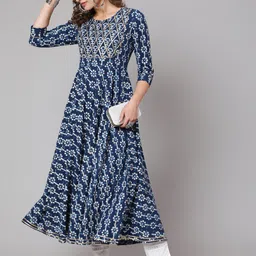 GLAM ROOTS Women Blue Printed Flared Sleeves Thread Work Indigo Anarkali Kurta-picture-57