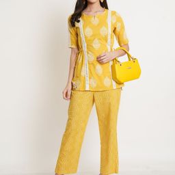 KALINI Printed Short Sleeves Pure Cotton Tunic & Trousers-57
