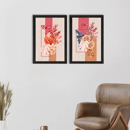 eCraftIndia Set Of 2 Pink & Orange Bunch of Flower Abstract Background Printed Satin Matte Texture UV Art Paintings-5