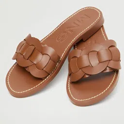 MANGO Women Tan Brown Solid Braided Leather Open Toe Flats-image-46