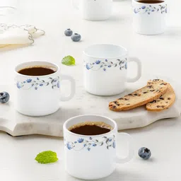 Larah by BOROSIL White & Blue Floral Printed Opalware Glossy Mugs Set of 6 Cups and Mugs-15